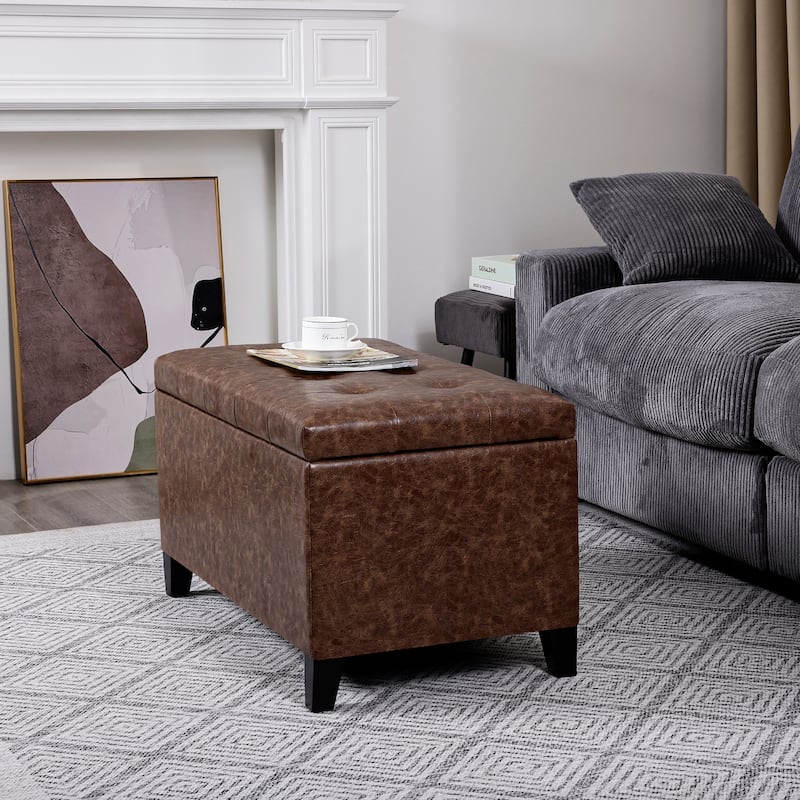 Adeco Rectangular Storage Ottoman Faux Leather Bench Lift-top Footrest