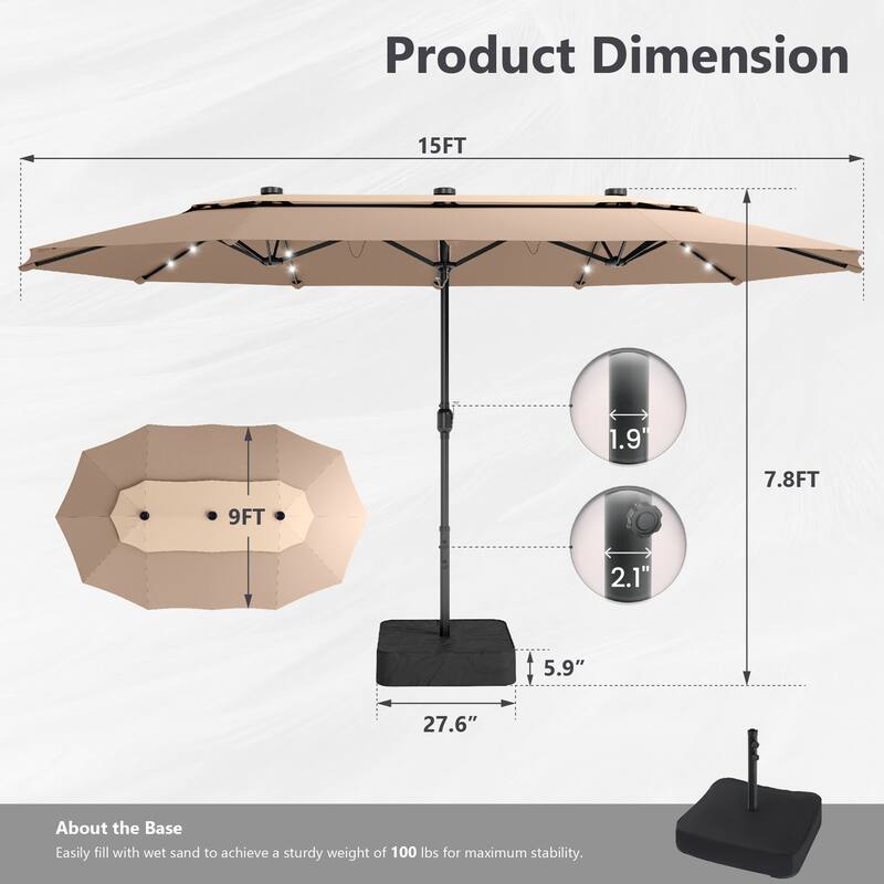 MAISON ARTS 15ft 2-Tier Large Patio Umbrella with Solar Lights, Double-Sided Outdoor Market Umbrellas with Base Included