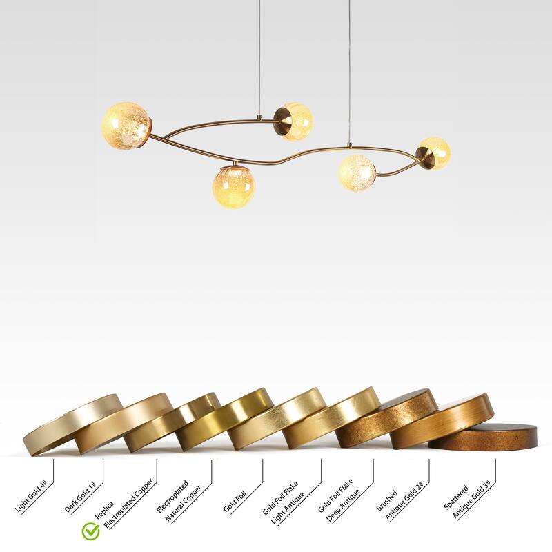 Modern Gold LED 5-Light Linear Art Glass Chandelier Kitchen Island Light - W45" x H71.2" Max