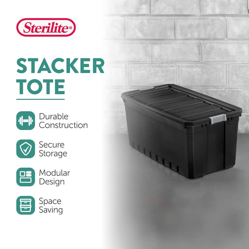 Sterilite 19 Gal Rugged Industrial Stackable Storage Tote w/ Lid, Black, 6 Pack