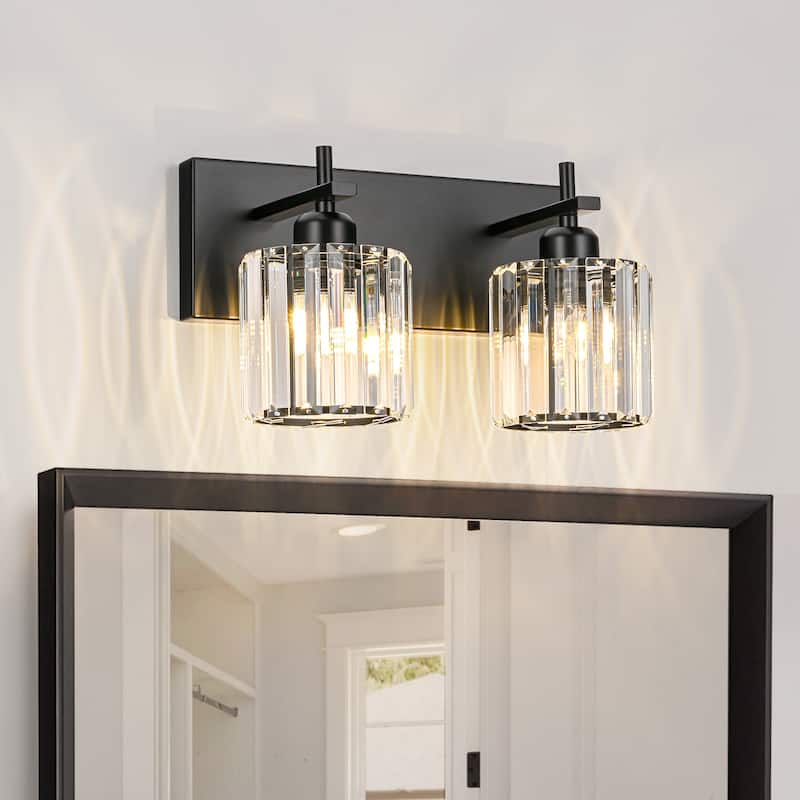 Mid-Century Modern Dimmable Bathroom Vanity Light Crystal Glass Wall Sconce - 12.6" - Matte Black