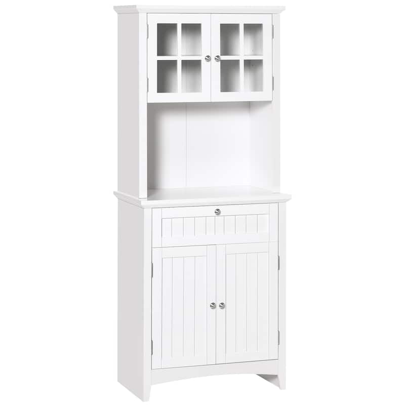 Elegant Buffet with Hutch, Kitchen Pantry Storage Cabinet with Framed Glass Door Drawer and Microwave Space, White