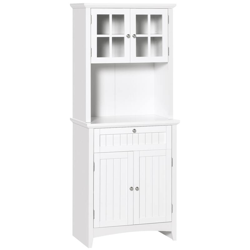Elegant Buffet with Hutch, Kitchen Pantry Storage Cabinet with Framed Glass Door Drawer and Microwave Space - White