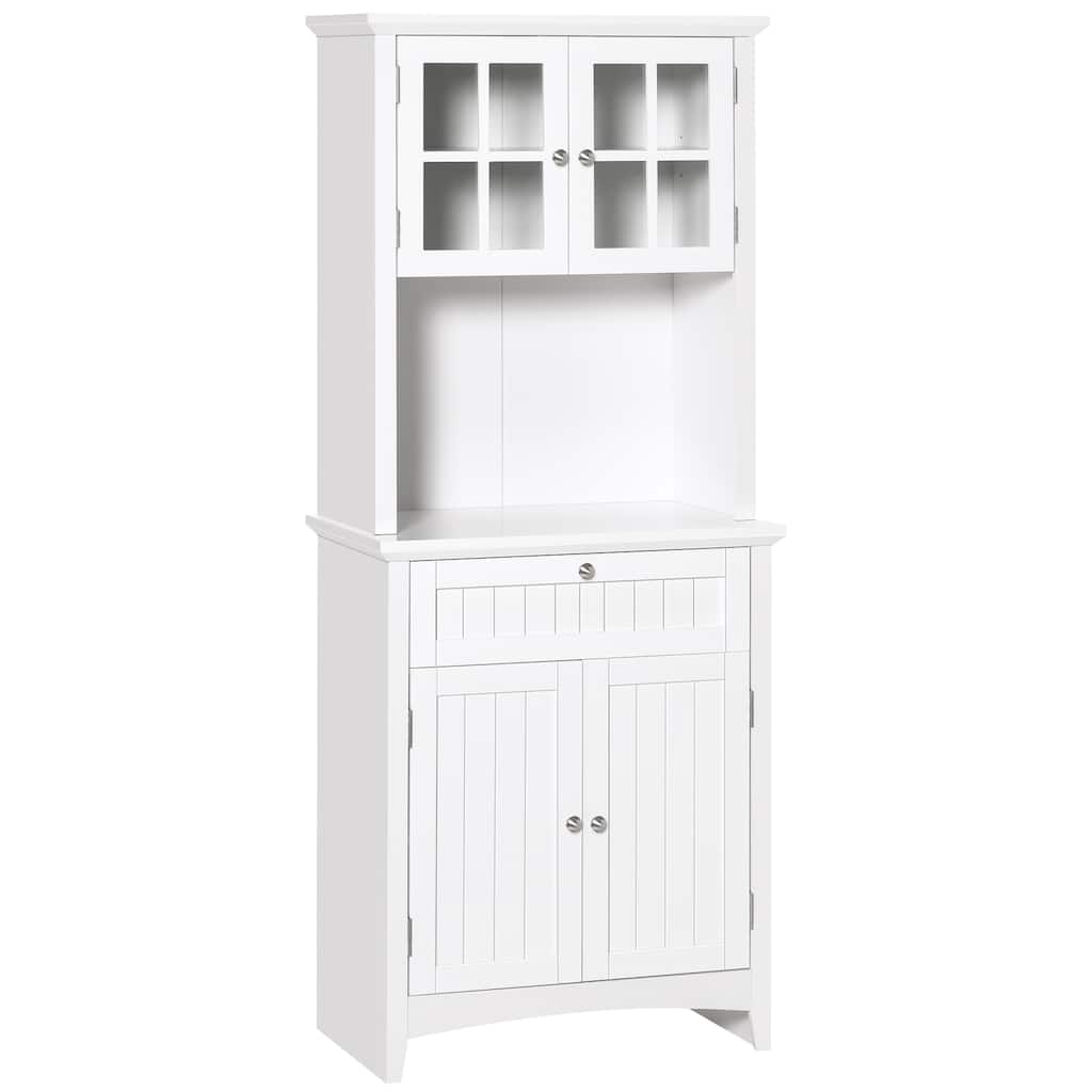 Kitchen Pantry Storage Cabinet with Framed Glass Door Drawer and Microwave Space