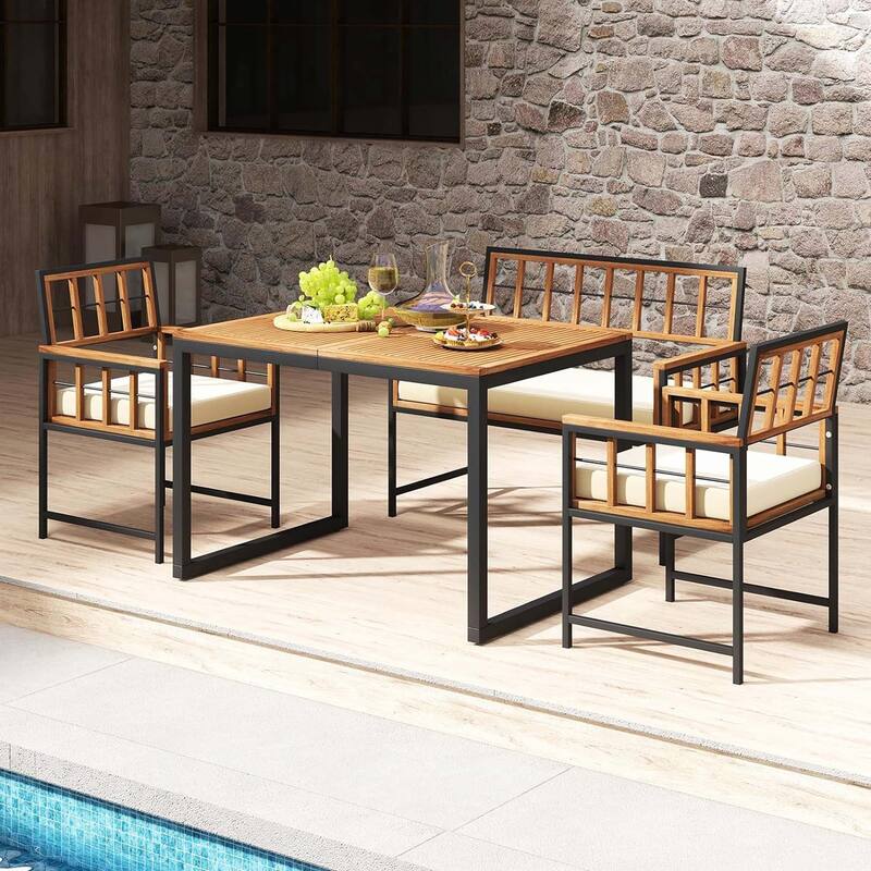 4 PCS Wood Patio Dining Set Outdoor Table and Chairs w/Cushions