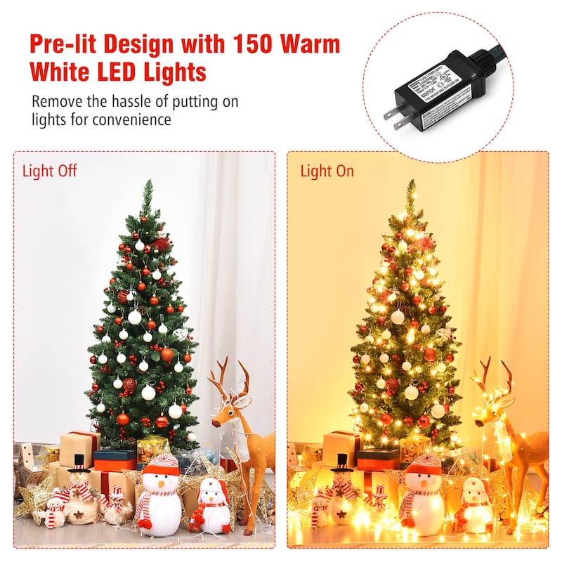 Gymax 4.5Ft Pre-Lit Pencil Christmas Tree Hinged Artificial Slim Tree - See Details