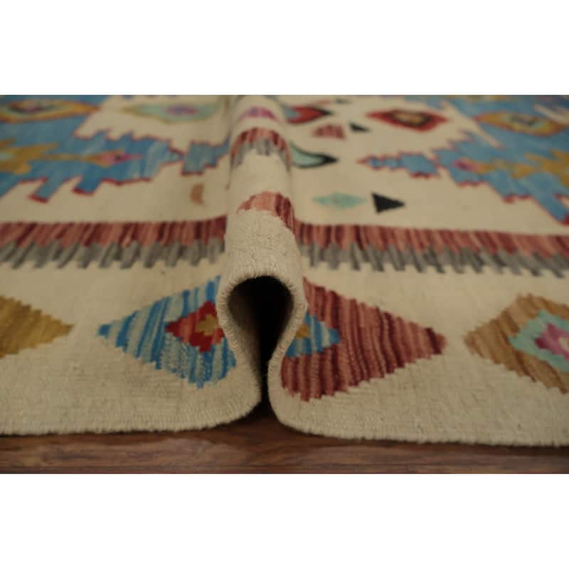 Hand Woven Oriental 100% Wool Carpet Southwestern Tribal Beige & Ivories Kilim Area Rug - 8' 0'' X 5' 0''
