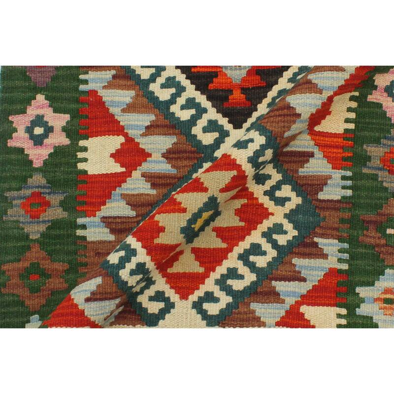 Bohemian Turkish Kilim Hiedi Rust Green Hand-Woven Wool Rug - 2'0'' x 2'11''