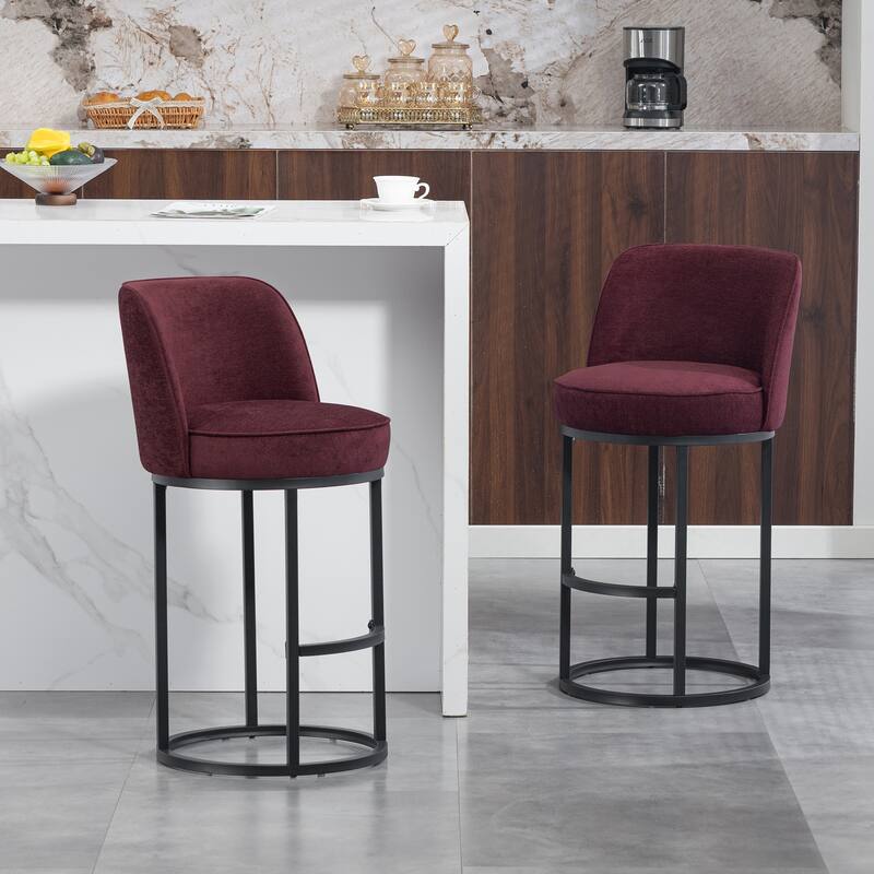 Counter Height Bar Stools Set of 2, Modern Barrel Counter Stools with Backrest, Linen Fabric Upholstered Accent Bar Stools