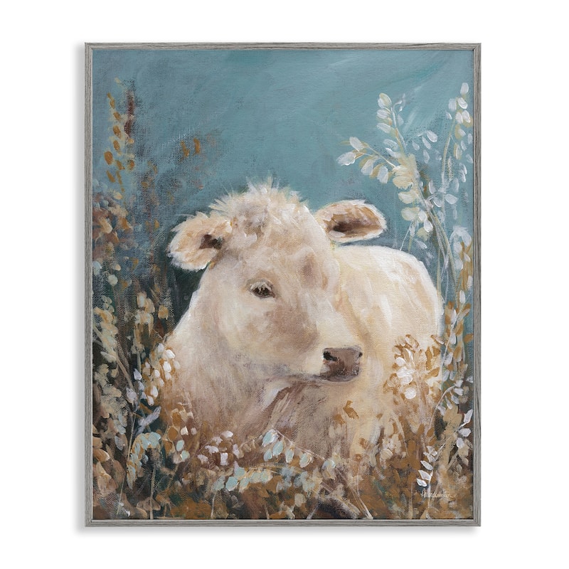 Stupell Soft Cattle Amongst Florals Framed Giclee Art Design By Amanda Hilburn - 11 x 14 - Grey