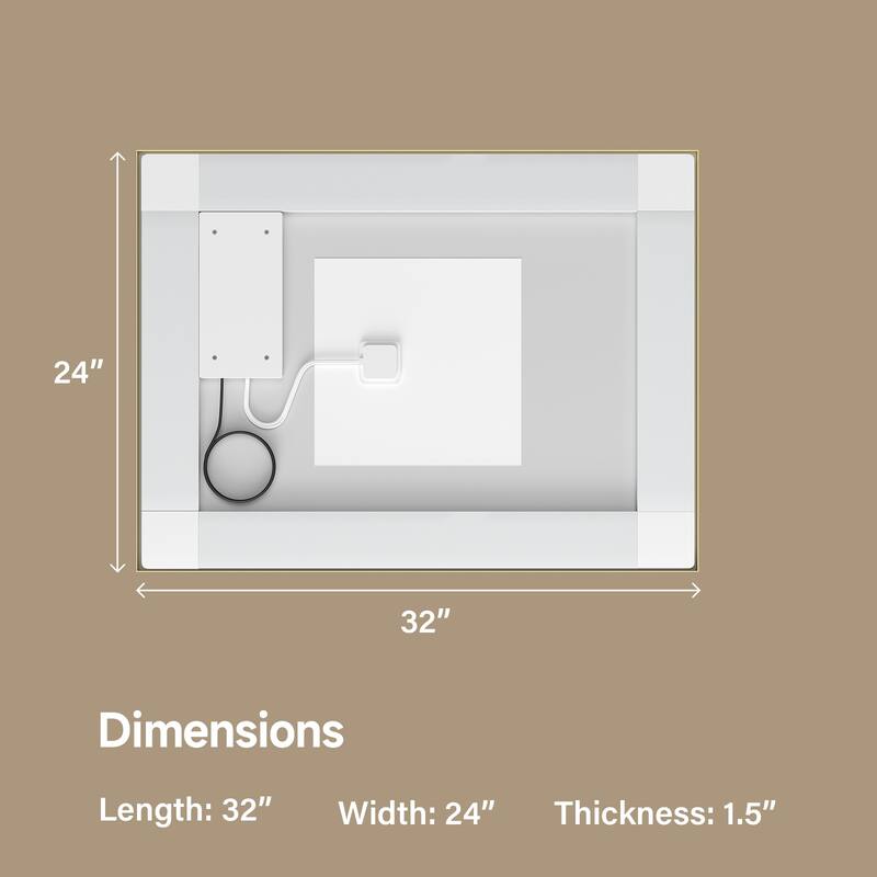 Modern Gold LED Bathroom Mirror with Dual Light Strips and Anti-Fog Dimmable for Horizontal or Vertical - 24” x 32” x 0.16”