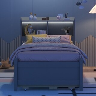 Twin Size Bed with built-in USB ,Type-C Ports, LED light, Bookcase Headboard, Trundle and 3 Storage Drawers