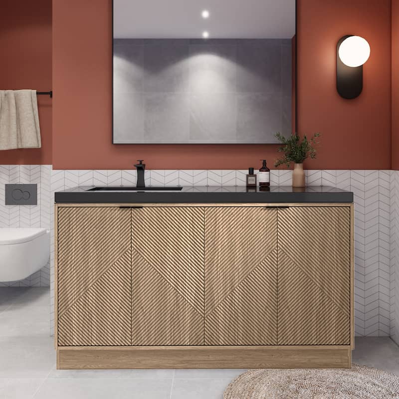 Milano 60" Freestanding Bathroom Vanity with Left Black Acrylic Sink - 59.06" x 19.49" x 35.46'' - Light Brown