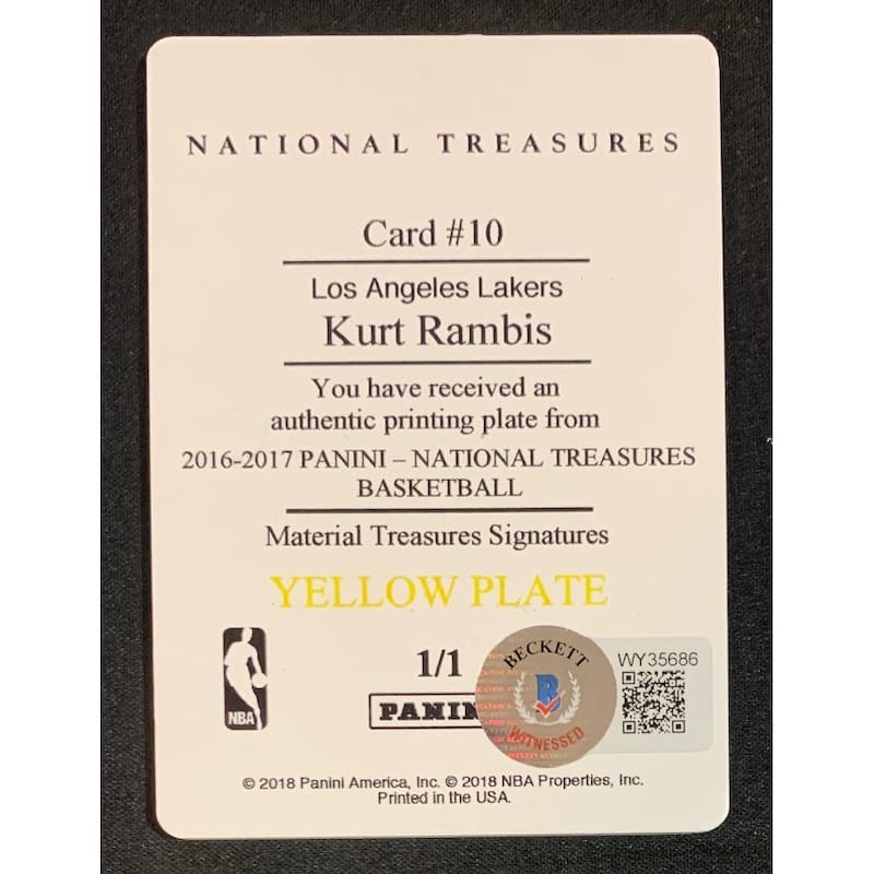 Kurt Rambis 2016 Panini National Treasures Signed Printing Plate Auto Beckett 1/1 - 8'6" x 11'6"