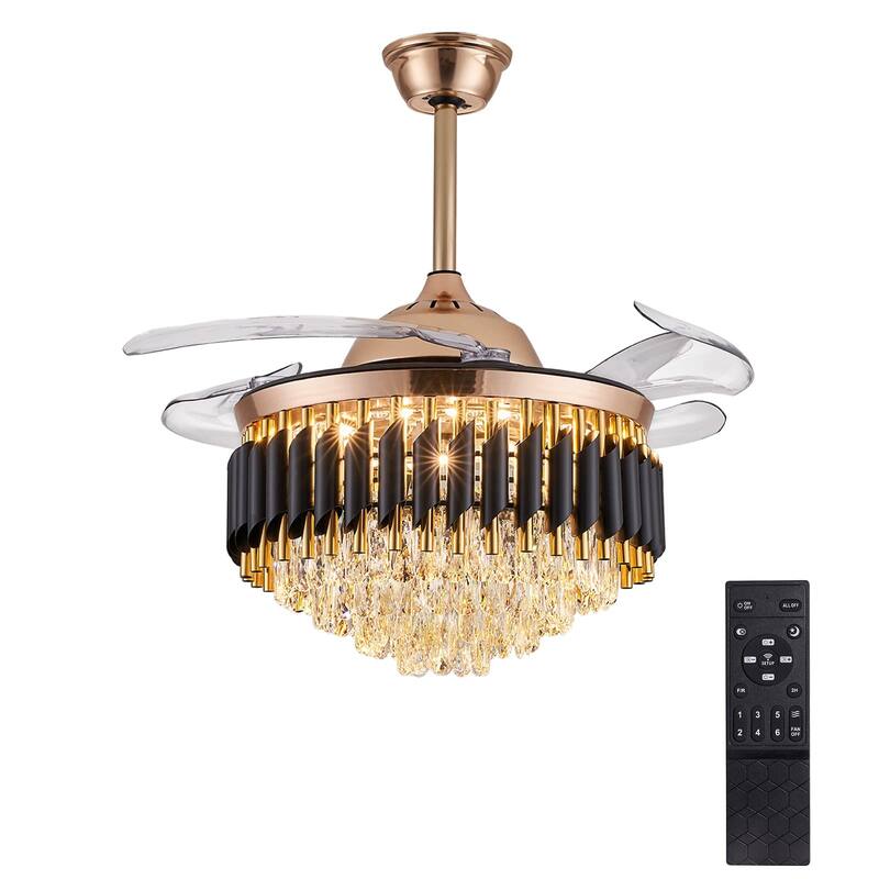 Modern Gold Black Retractable Crystal Ceiling Fan With Lights, Dimmable LED Luxury Chandelier Ceiling Fan With Remote Control