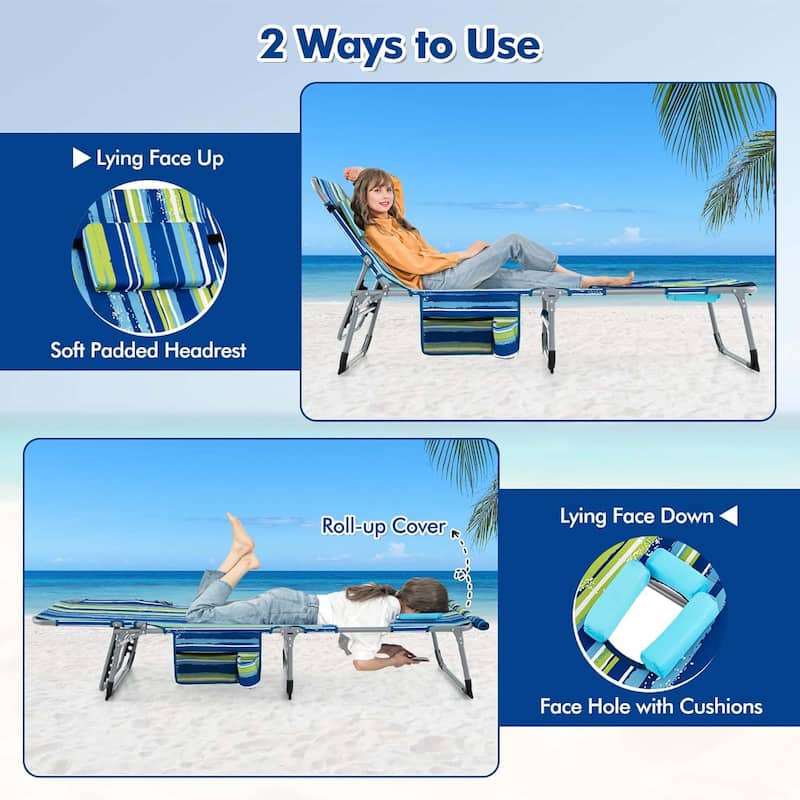 2 PCS Folding Tanning Chair Sunbathing Lounge Chair w/ Face Arm Hole