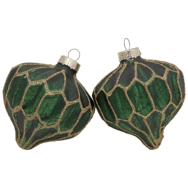 4ct Green Gold Glitter Onion Finial Glass Christmas Ornaments 4.75"