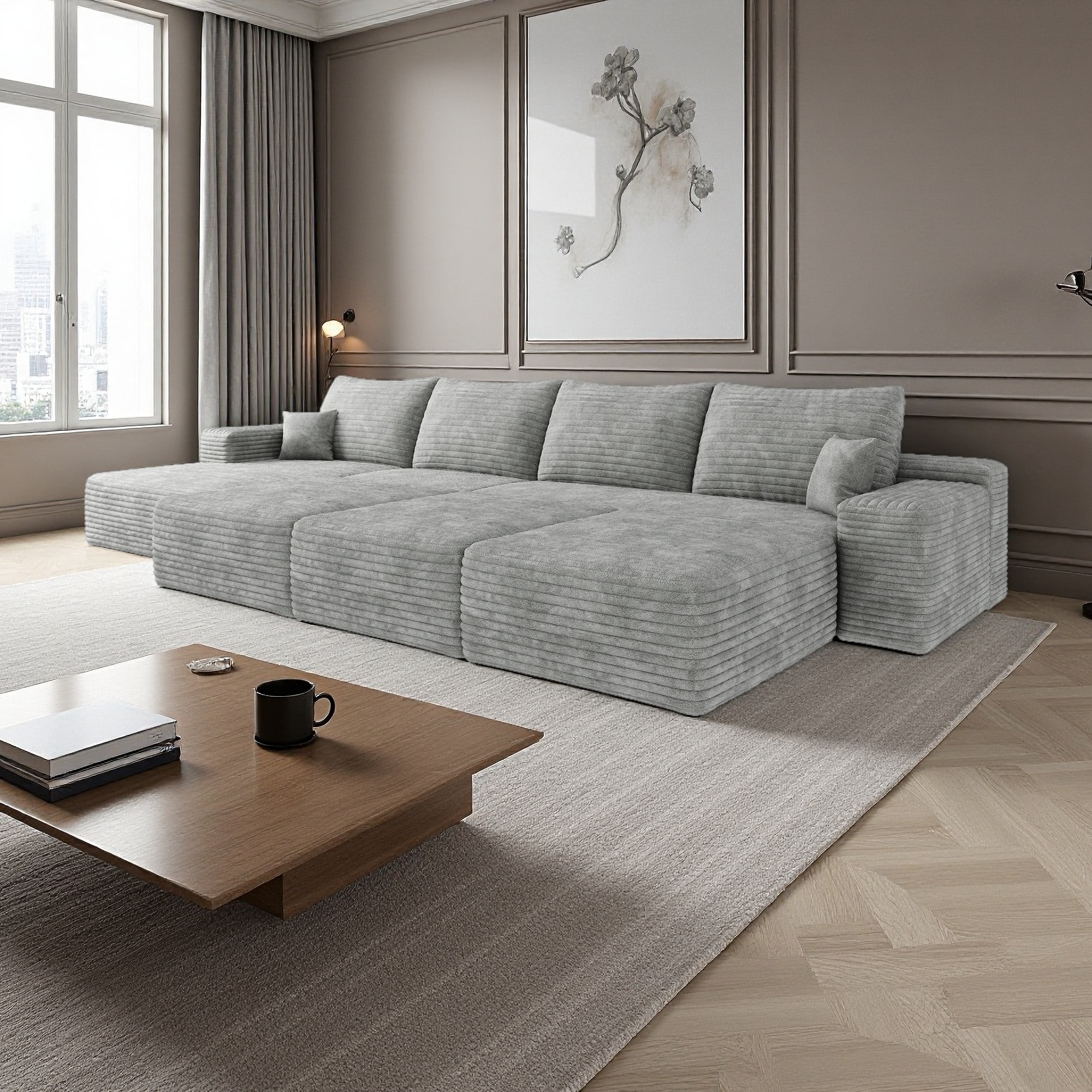 135.4'' Corduroy Modular 8-Seat Sofa with Sleeper Function and No Assembly Required (Left Facing Chaise)