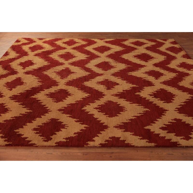 Hand Knotted Oriental 100% Wool Carpet Modern Geometric Red Moroccan Area Rug - 9' 7'' X 7' 11''