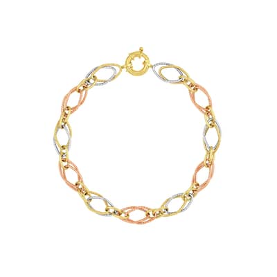Curata 14k Yellow White and Rose Gold Fancy Hollow Textured Double Link Bracelet 8 Inch