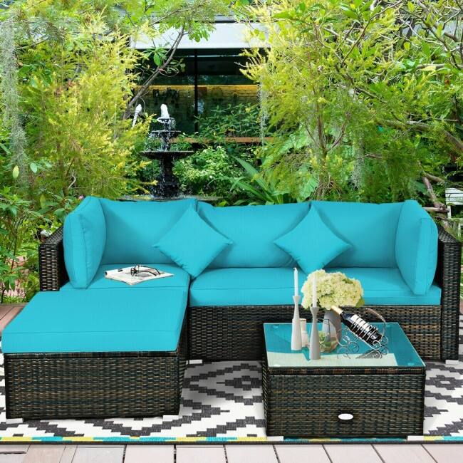 5 Pcs Outdoor Patio Rattan Furniture Set Sectional Conversation with Cushions - 29.5'' x 29.5'' x 25.5'' (L x W xH)