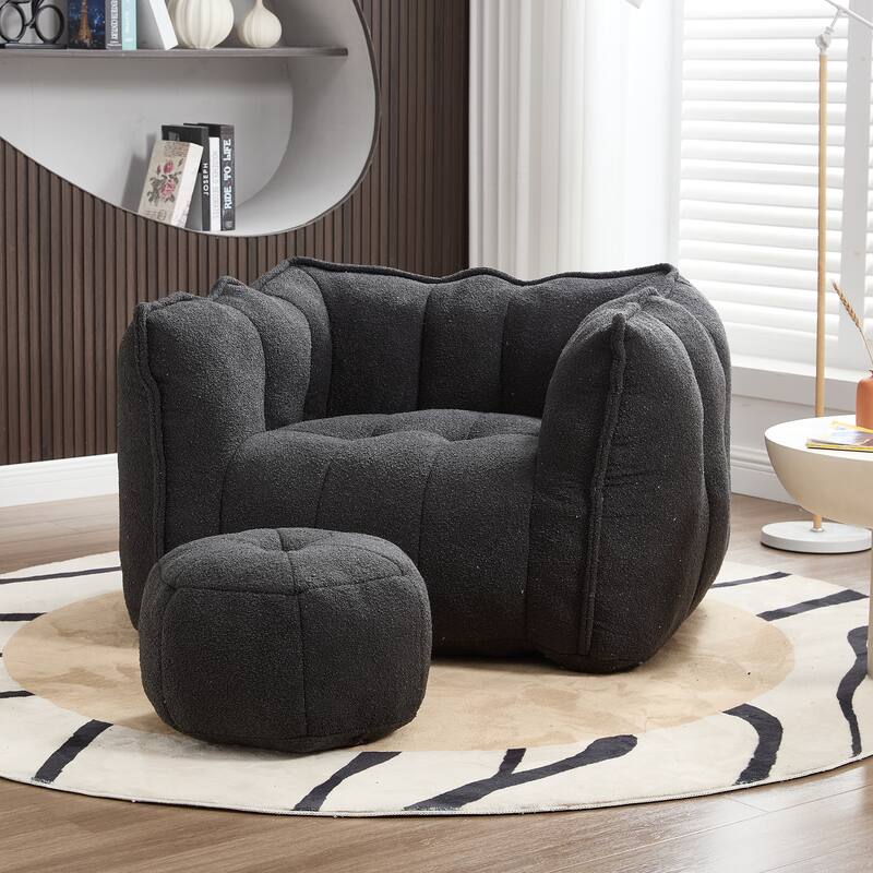 Extra-Large Chenille Bean Bag Chair with Footstool, Comfy Bean Bag Sofa for Adults, High Resilient Foam Square Lazy Sofa