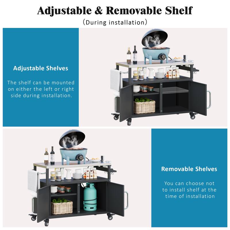 Metal Kitchen Island with Stainless Steel Tabletop, Rolling Spice Storage Cabinet w/Towel Rack and 4 Lockable Wheels for Kitchen