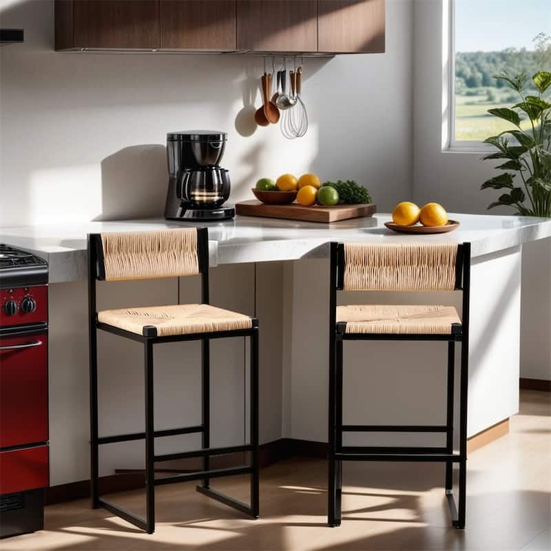 Modern Bar Stools with Metal Frame and Woven Seat(Set of 2) - N/A
