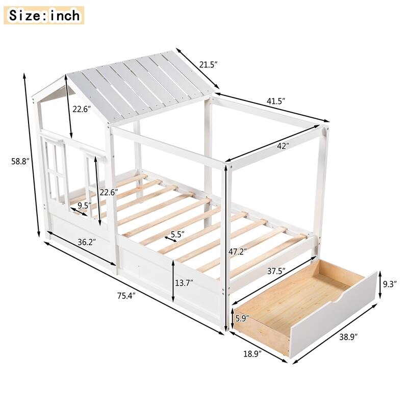 Merax House Bed with Roof, Window and Drawer