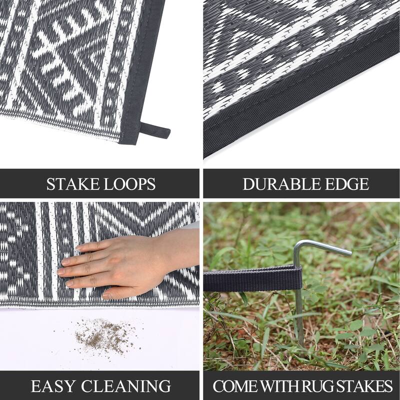 Outdoor Rug Waterproof Patio Rug Mat Geometric Rug Plastic Straw Outside Rug for RV Camping Picnic Reversible Rug