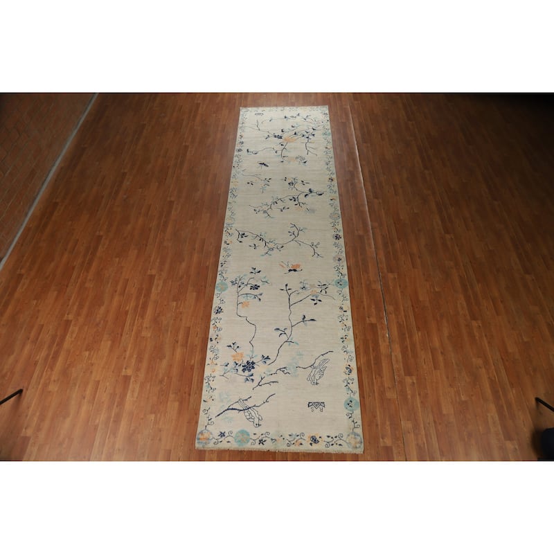 Hand Knotted Oriental 100% Wool Carpet Traditional Floral Beige & Ivories Art Deco Runner Rug - 14' 4'' X 4' 0''