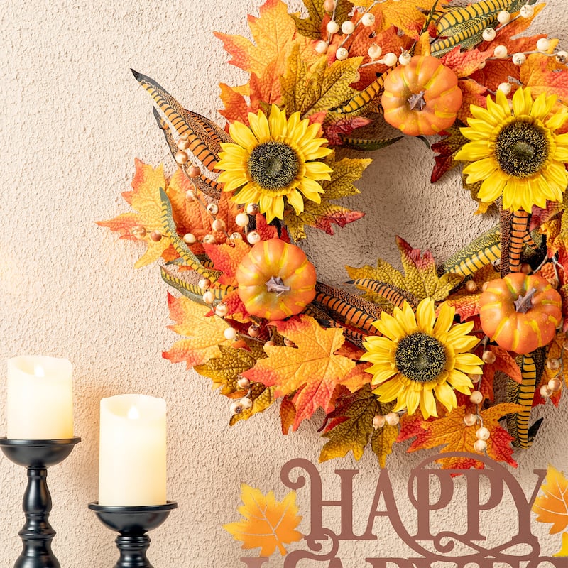 Glitzhome 24"D Fall Pumpkin Sunflower Lotus Floral & Wreath for Thanksgiving