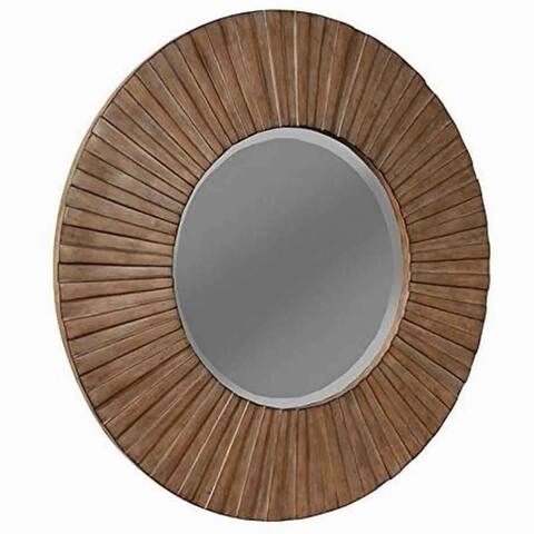 Transitional Sunburst Round Mirror with Wooden Frame, Brown - 35 H x 35 W x 1 L Inches