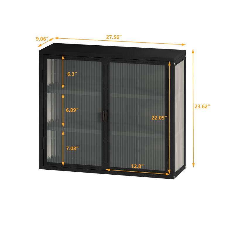 Glass Doors Modern Two-door Wall Cabinet with Featuring Three-tier Storage for Entryway Living Room Bathroom Dining Room