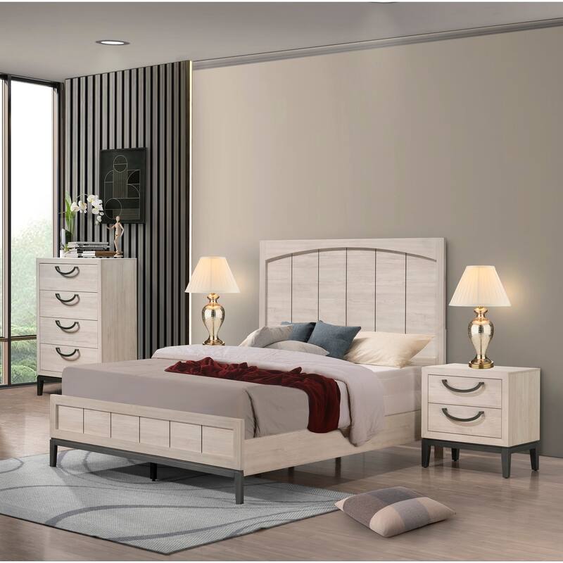 Contemporary Queen Panel Bed with Beige White Finish and Low Profile Footboard