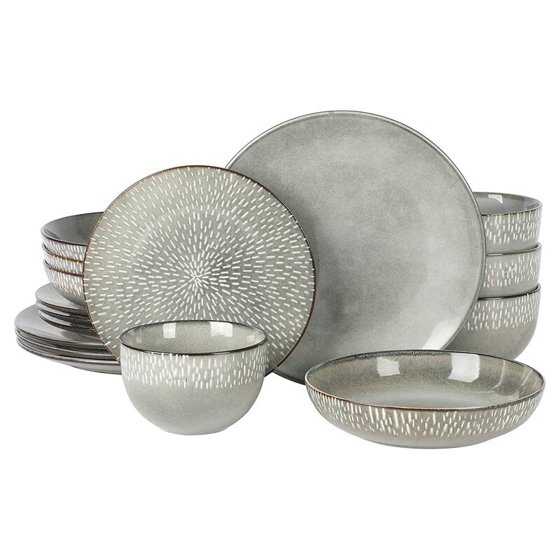 16 Piece Stoneware Dinnerware Set in Grey with Reactive Glaze - Grey