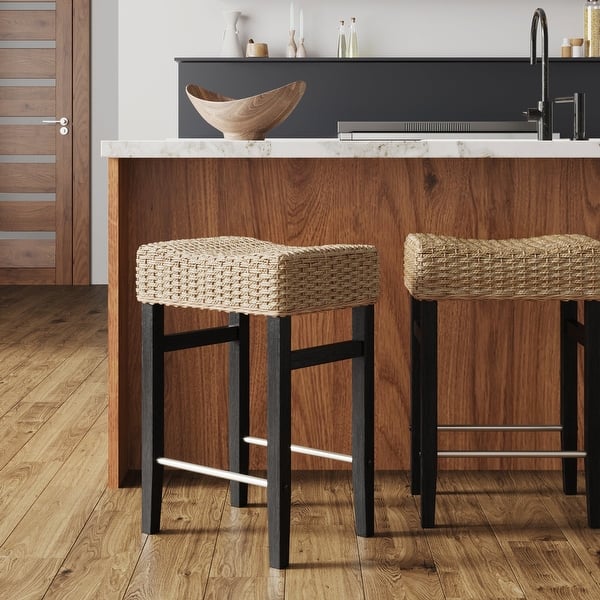 slide 2 of 7, Harvey Rattan Bar Stool, Bohemian Counter Height Stool with Woven Seagrass Seat, Solid Wood Legs, and Metal Footrest Single - Seagrass/Brushed Black