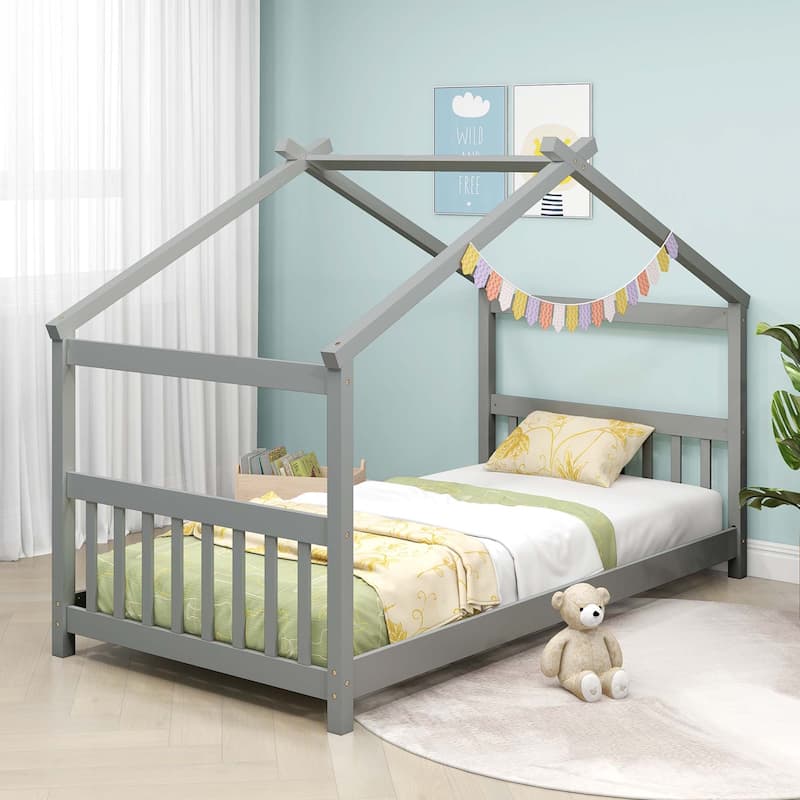 Costway Twin Size House Bed with Roof Wooden Low Floor Bed No Box