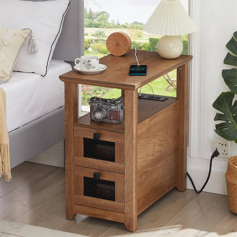 End Table with Charging Station - 13.78"D x 23.6"W x 24.8"H - Log-color
