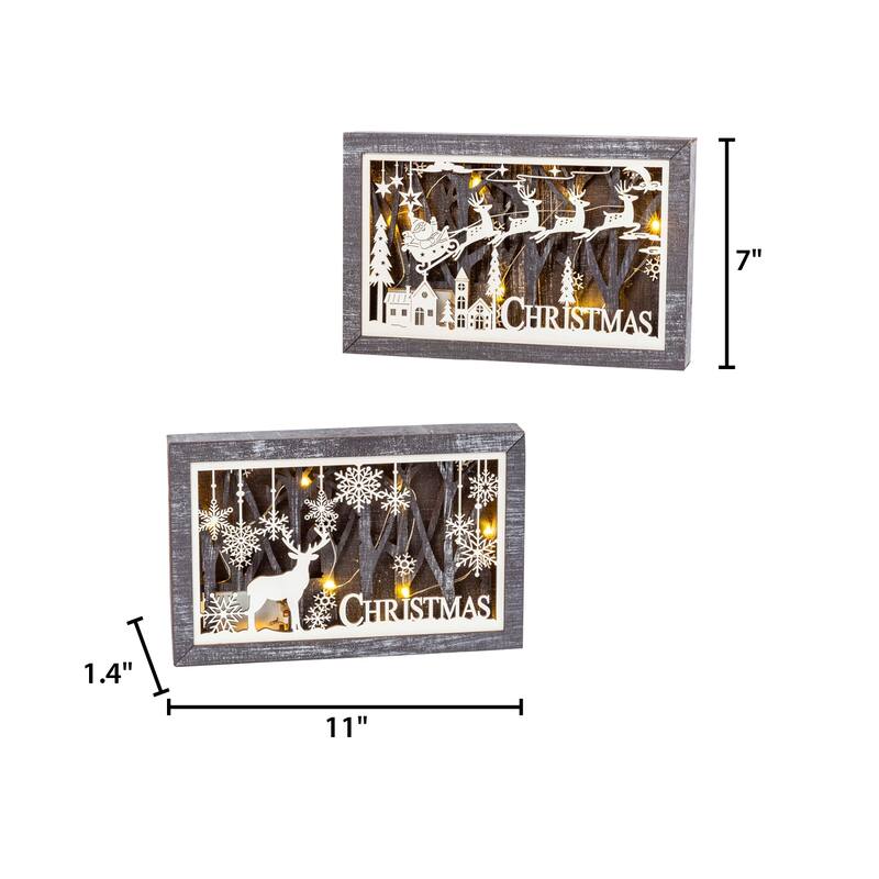 Set of 2 11 in Lighted Laser Cut Wood Holiday Scene Wall Décor - N/A