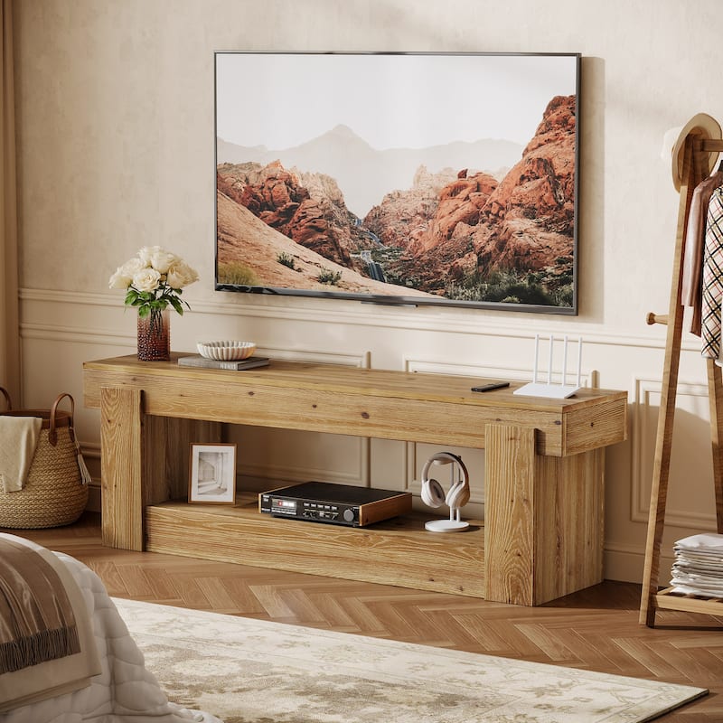 2 Tier Solid Wood TV Stand for Living Room, Fits TVs Up to 75 inches - 62.99" L x 15.75" W x 23.62" H