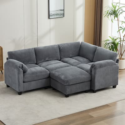 5-Seater Corduroy Sectional Sofa, Removable Ottoman, Modular Design