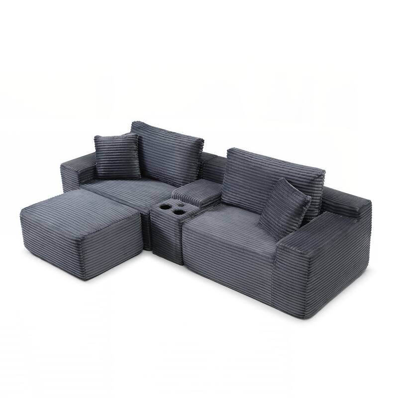 Modular Sectional Sofa, Deep Seat Corduroy Cloud Couch with Cup Holders, USB Ports & Storage Box - Grey