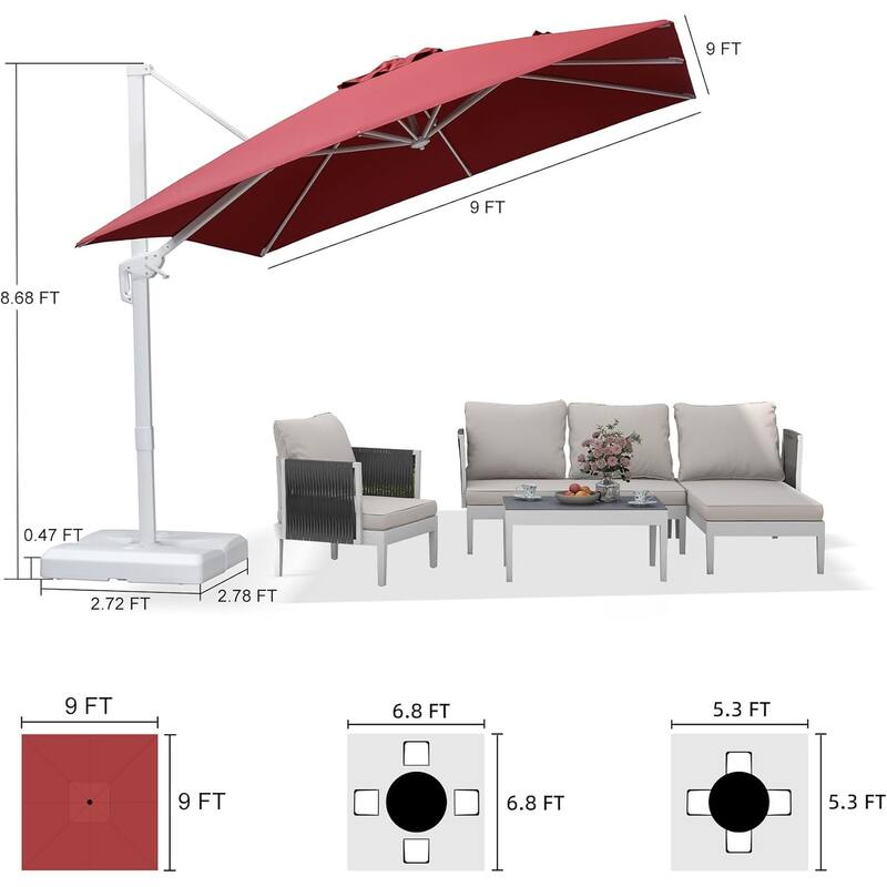 PURPLE LEAF White Square Cantilever Patio Umbrella With Base