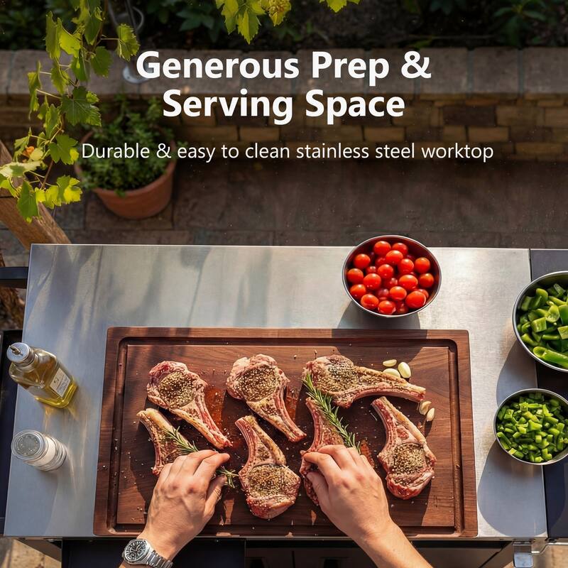 Outdoor Metal Grill Cart with Storage Cabinet, Foldable Table, Wheels & Stainless Steel Top & Hooks & Spice Rack