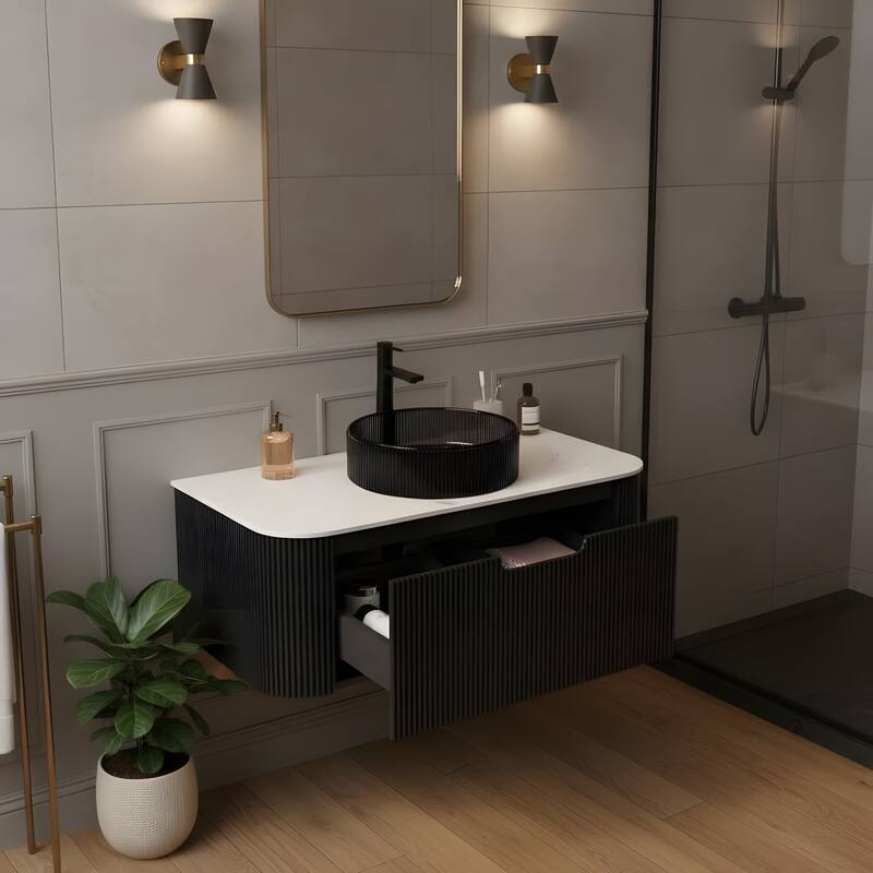 Wall Mounted Bathroom Vanity with Transparent Black Round Glass Basin