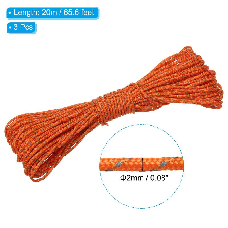 Reflective Guyline Camping Paracord，3 Pack Tent Cord Rope - Orange - 2mm/ 0.08"