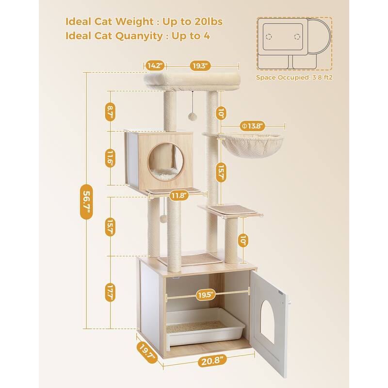 56.7" Cat Tree with Enclosure Large Litter Box, Cozy Cat Condo, Scratching Post and Repalcable Dangling Balls - Beige