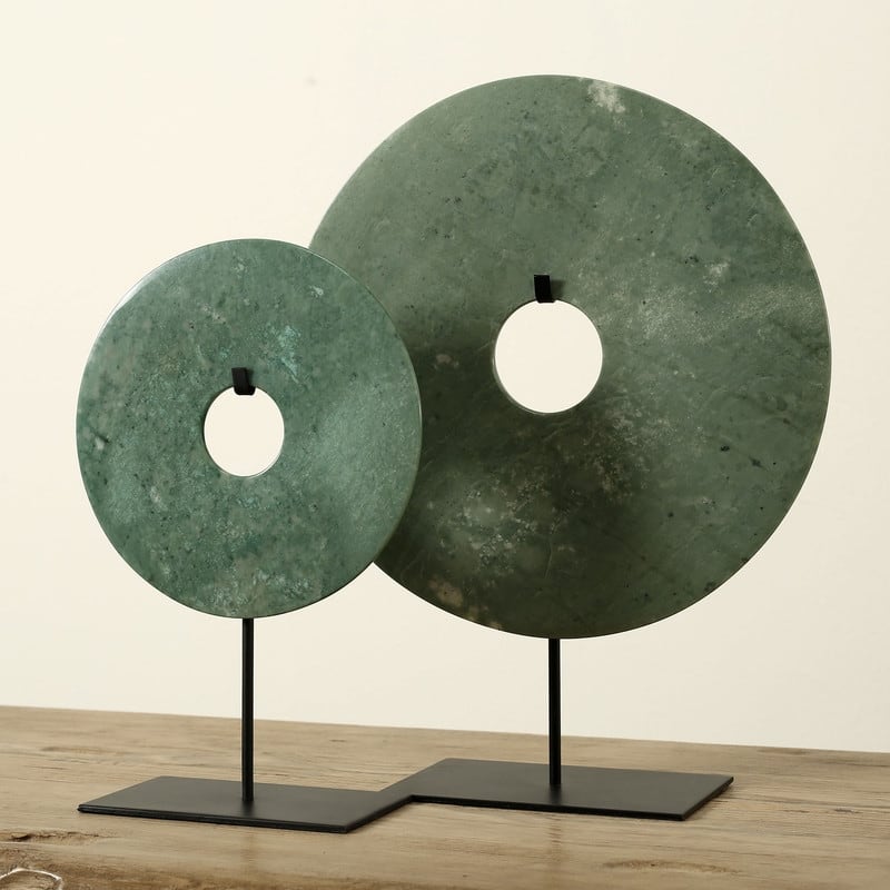 Artissance 12"H Green Marble Jade Disk Statue With Base