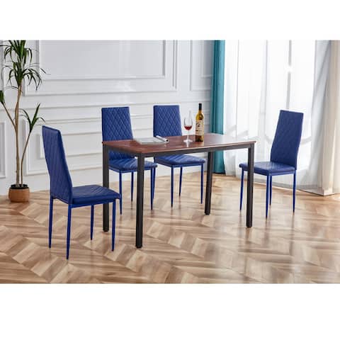 Set of 5 Retro Style Dining Table and Chair PU Elastic Fireproof Sponge Dining Table and Chair, Dark Blue